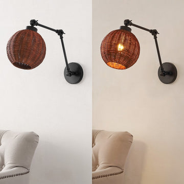 Lyla 22" 1-Light Mid-Century Vintage Rattan Globe Swing Arm LED Sconce - JONATHAN Y